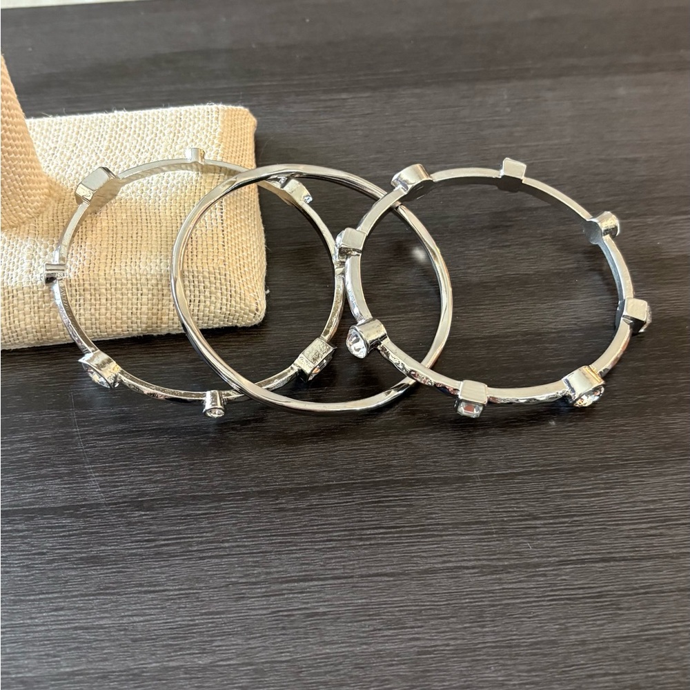Silver Crystal Bezel Bangle Bracelet Set - Picture 2 of 6